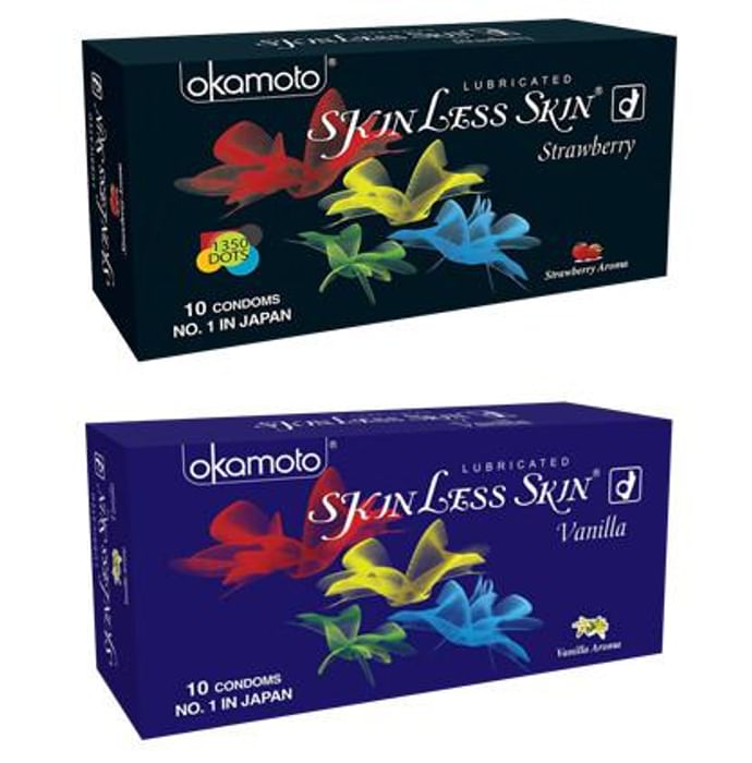 Okamoto Combo Pack of 10 Lubricated Skinless Skin Orange & 10 Strawberry Flavoured Pack
