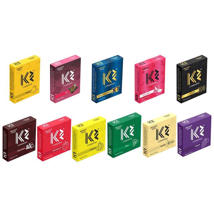 K2 Dotted Delight Series and Premium Series Mango,Pan,XT,Ultra Thin,X4,Chocolate,Strawberry,Banana,Mint,Vanilla & Grapes (3Pcs Each)
