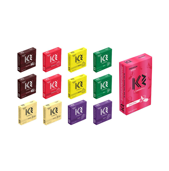 K2 Dotted Delight Series and Premium Series Condom Ultra Thin(10Pc) Chocolate,Strawberry,Banana,Mint,Vanilla,Grape(3Pc Each)