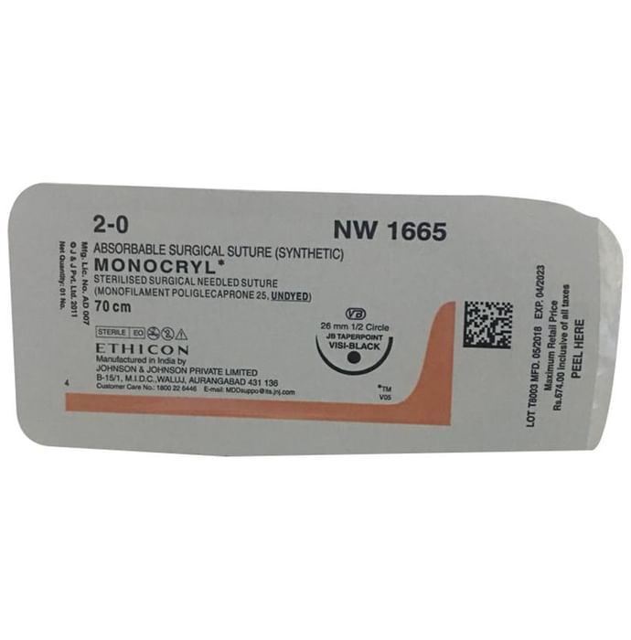 Ethicon Monocryl NW 1665 Absorbable Surgical Suture (Synthetic) 70cm JB Taperpoint