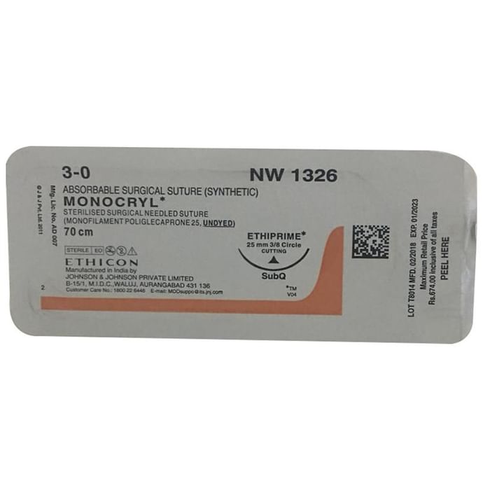 Ethicon Monocryl NW 1326 Absorbable Surgical Suture (Synthetic) 70cm Ethiprime Circle Cutting