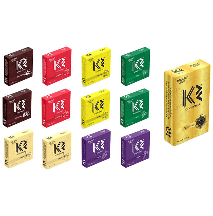 K2 Delight Series Condom with Dotted Rings X4(10Pc) Chocolate,Strawberry,Banana,Mint,Vanilla,Grape(3Pc Each)