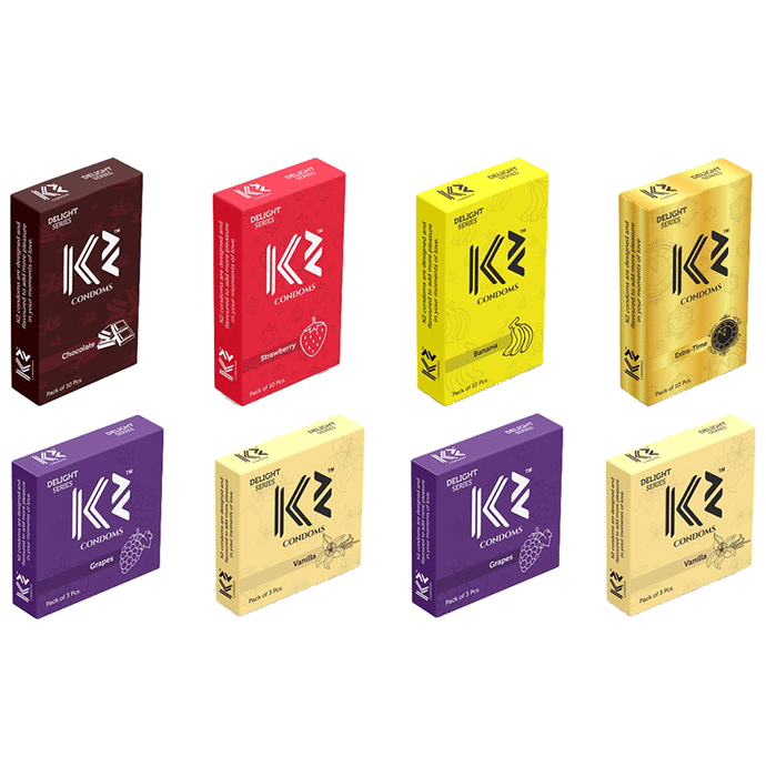 K2 Combo Pack of Dotted Condom Chocolate,Strawberry,Banana,Extra Time(10Pc Each) Grape(6Pc),Vanilla(6Pc)