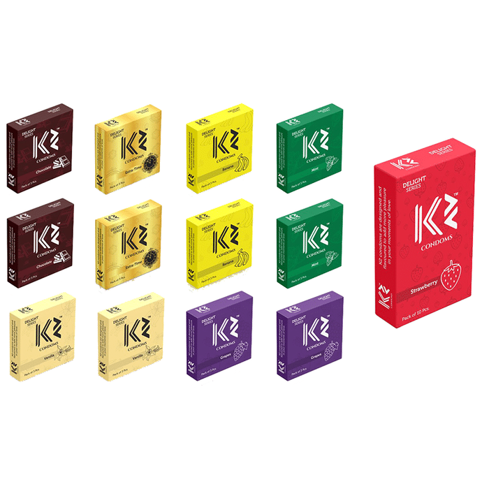 K2 Combo Pack of Dotted Condom Strawberry(10Pc) Chocolate,Extra Time,Banana,Mint,Vanilla,Grape(3Pc Each)