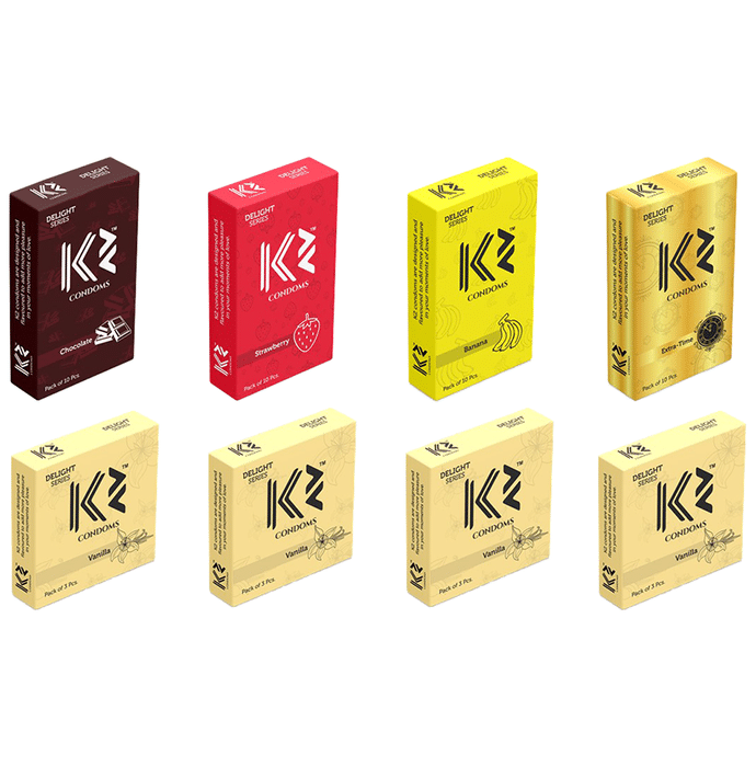 K2 Delight Series Condom with Dotted Rings Chocolate,Strawberry,Banana,Extra Time(10Pc Each) Vanilla(12Pc)