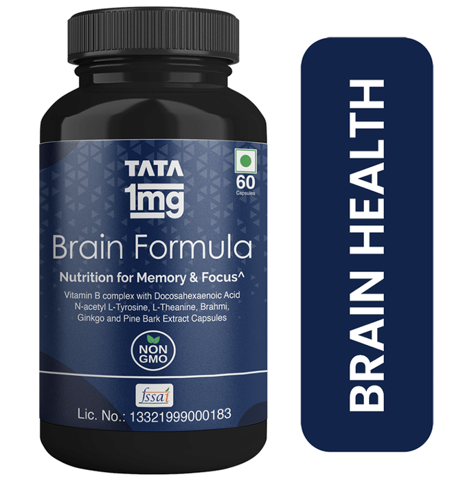 Tata 1mg Brain Formula with Vitamin B Complex, L-Tyrosine, L-Theanine, Brahmi, Ginkgo and Pine Bark Extract Capsule