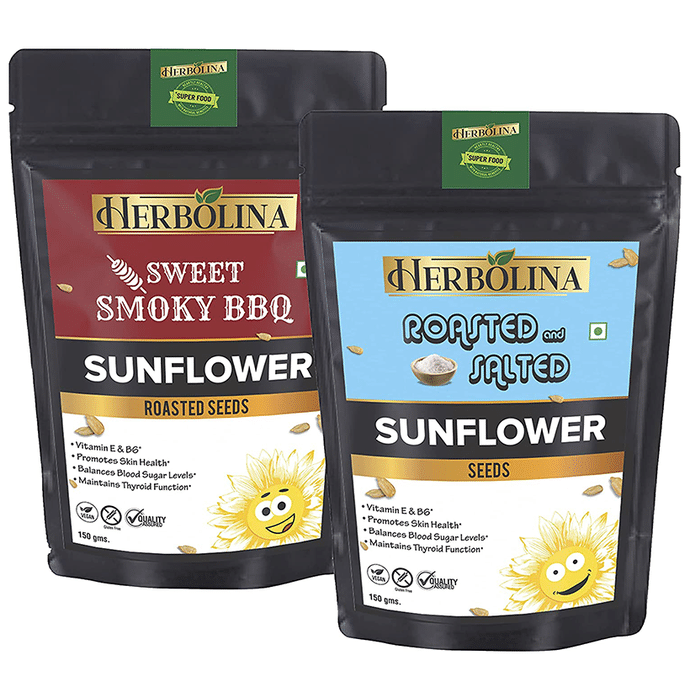 Herbolina Sunflower Seeds & Sunflower Roasted Seeds (150gm Each) Roasted & Salted, Sweet Smoky BBQ