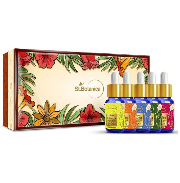 St.Botanica Essential Oils Kit (15ml Each) Pure Lemon + Orange + Jasmine + Vetiver + Geranium
