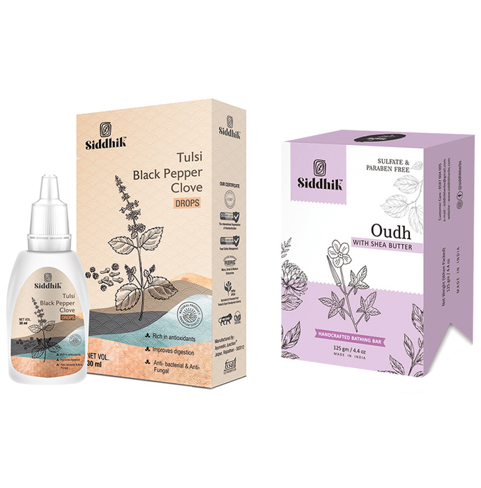 Siddhik Combo Pack of Tulsi Black Pepper Clove Drop 30ml & Oudh With Shea Butter Soap 125gm