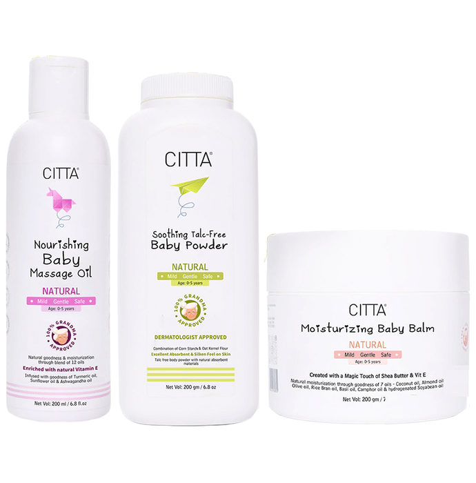 Citta Combo Pack of Nourishing Baby Massage Oil 200ml, Soothing Talc-Free Baby Powder 200gm & Moisturizing Baby Balm 200gm