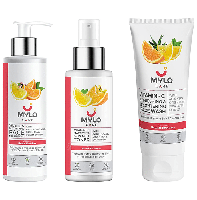 Mylo Care Combo Pack of Vitamin C Mattifying Face Moisturizer 100gm, Vitamin C Mattifying SKin Toner 200ml and Vitamin C Refrehing & Brightening Face Wash 100ml