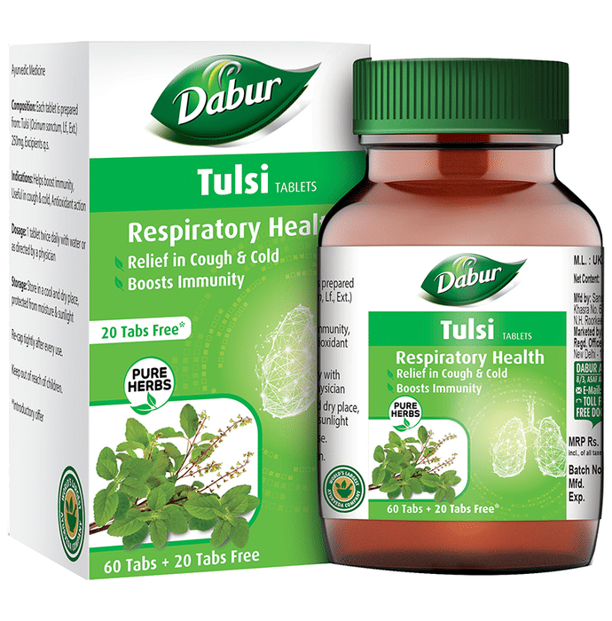 Dabur Pure Herbs Respiratory Health Tulsi Tablets - Get 20 Tablets Free