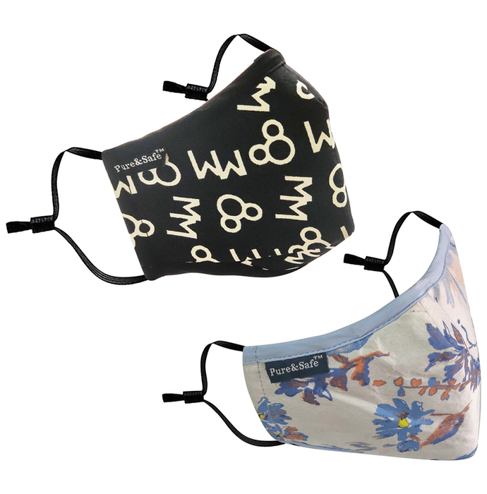 Pure & Safe White Floral Designer & Black Digital Designer Designer N 95 Face Mask - 5 Layered Reusable Anti Pollution Mask with Activated Carbon Filter