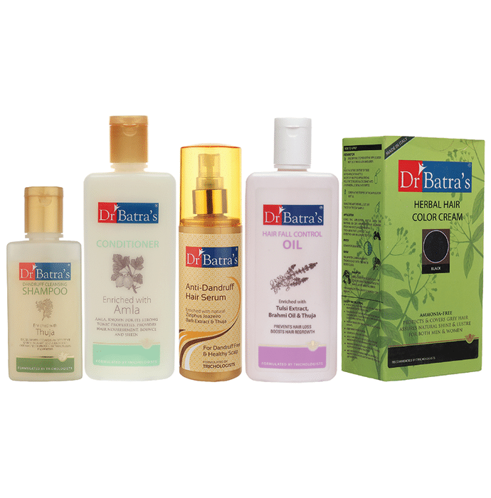 Dr Batra's Combo Pack of Dandruff Cleansing Shampoo 100ml, Conditioner 200ml, Anti-Dandruff Hair Serum 125ml, Hair Fall Control Oil 200ml and Herbal Hair Color Cream 130gm Black