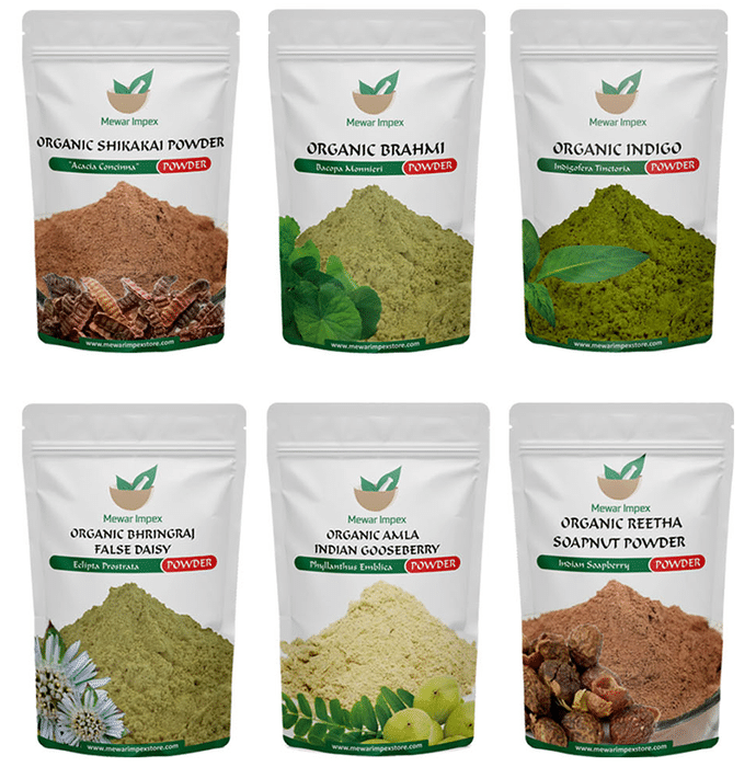 Mewar Impex Combo of 6 Shikakai, Amla, Reetha, Indigo, Bhringraj & Brahmi Powder (100gm Each)