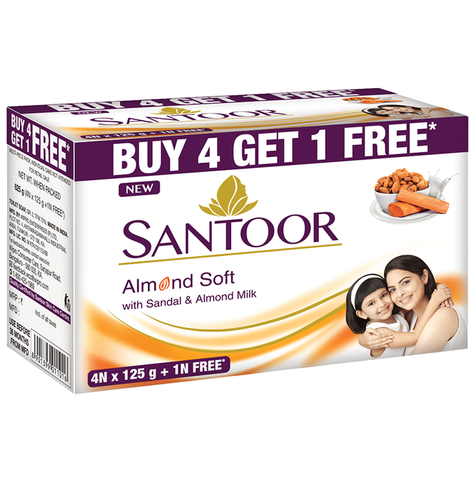 Santoor Almond Soft Soap 125gm (Buy 4 Get 1 Free)