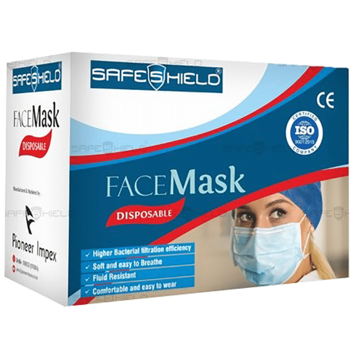 Safeshield 3 Layer Surgical Disposable Face Mask with Meltblown Filter & Nose Pin Blue Buy 1 Get 1 Free