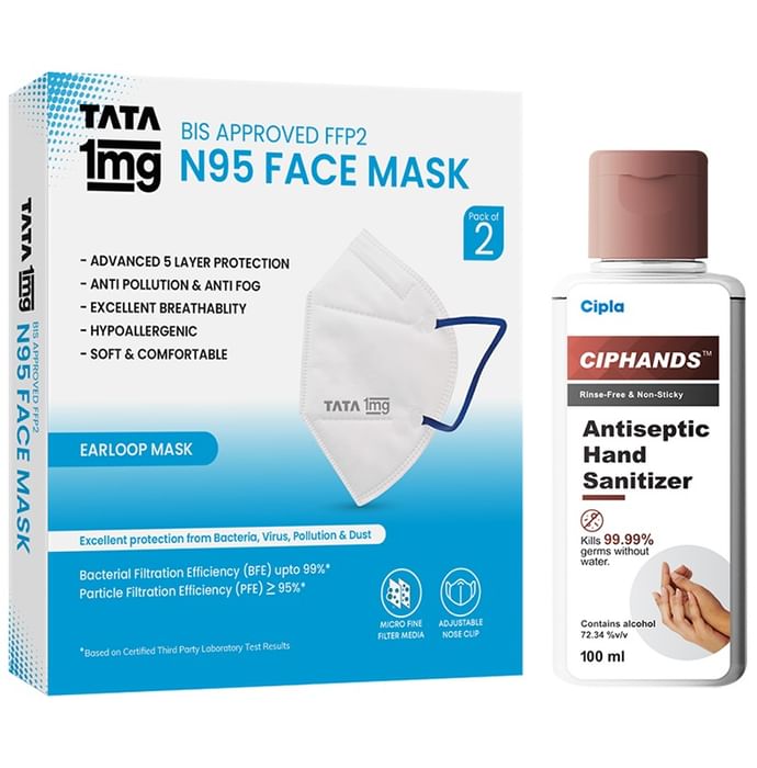 Covid Essential Combo Pack of Tata 1mg BIS Approved FFP2 N95 Mask White (2 Pcs) and Ciphands Antiseptic Hand Sanitizer (100ml)
