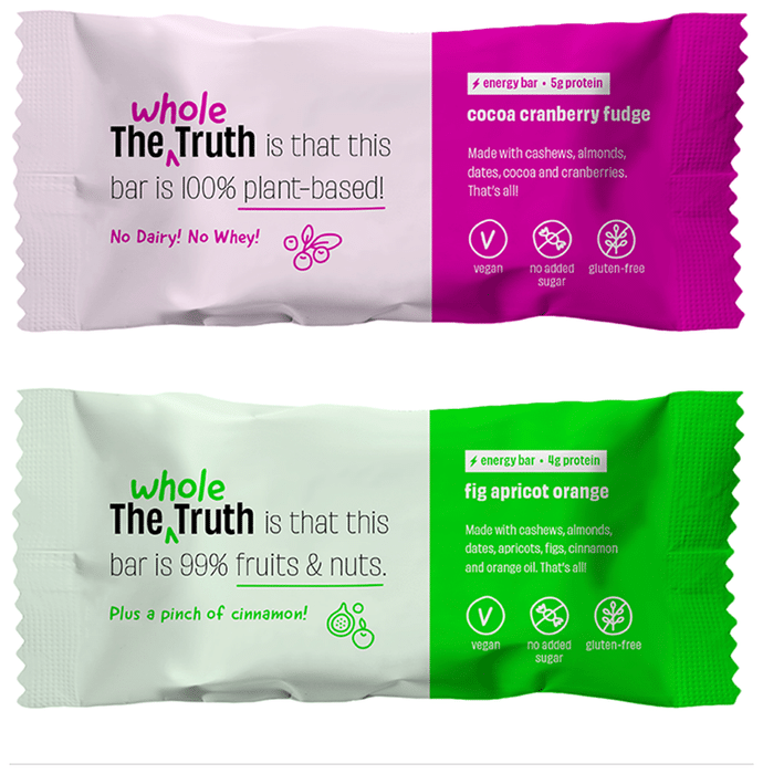 The Whole Truth Vegan Energy Bar (40gm Each) 3 Cocoa Cranberry Fudge, 3 Fig Apricot Orange