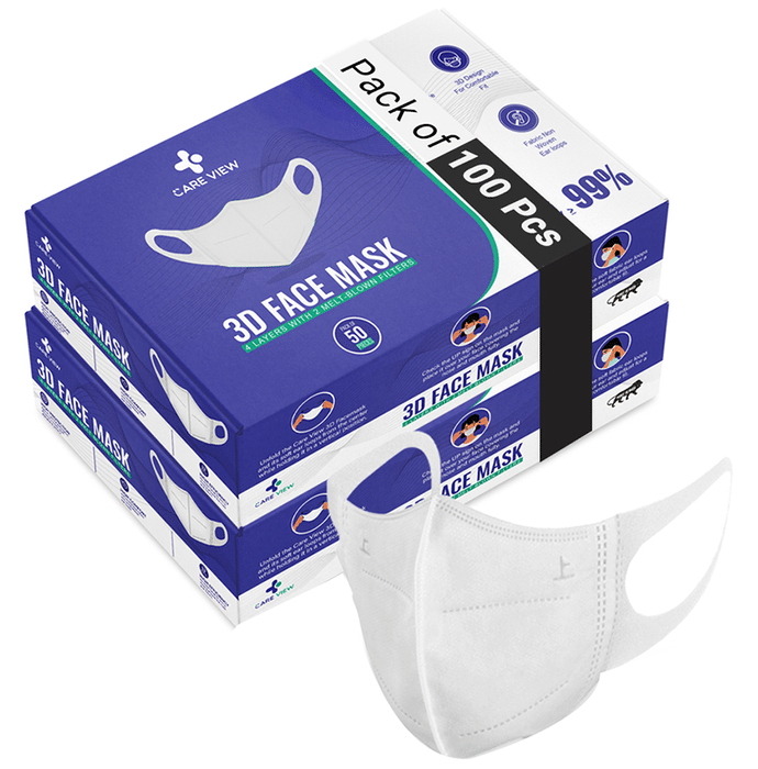 Care View 3 Dimensional Disposable Face Mask with 4 Layered Filtration and Soft Non-Woven Spandex Ear Loops White