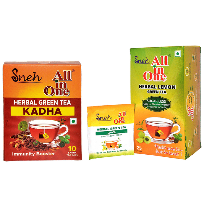 Sneh Combo Pack of All in One Kadha Herbal Green Tea (10 Tea Bags, 2.5gm Each) and Herbal Lemon Green Tea Sugar-Less (25 Tea Bags, 2gm Each)