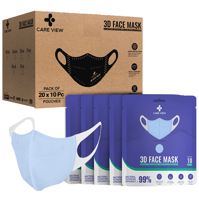 Care View 3 Dimensional Disposable Face Mask with 4 Layered Filtration and Soft Non-Woven Spandex Ear Loops Blue