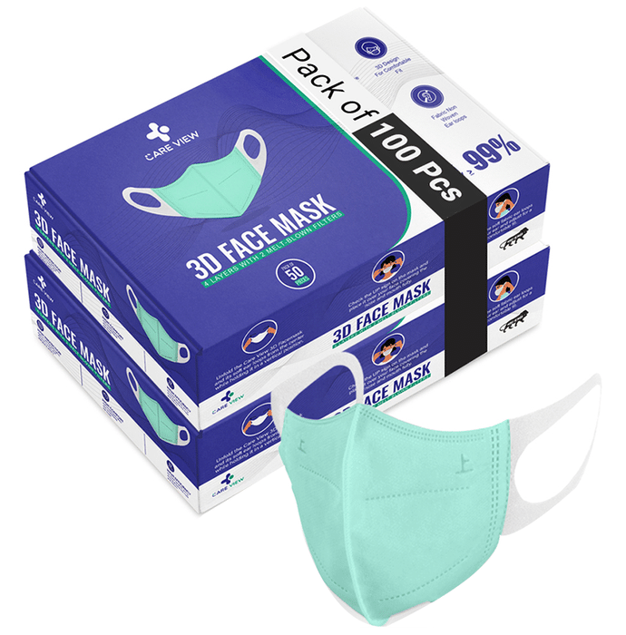 Care View 3 Dimensional Disposable Face Mask with 4 Layered Filtration and Soft Non-Woven Spandex Ear Loops Green