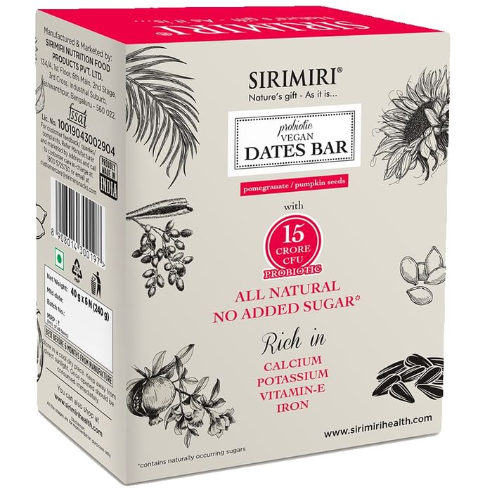 Sirimiri Probiotic Vegan Dates Bar (40gm Each) Pomegranate & Pumpkin Seeds