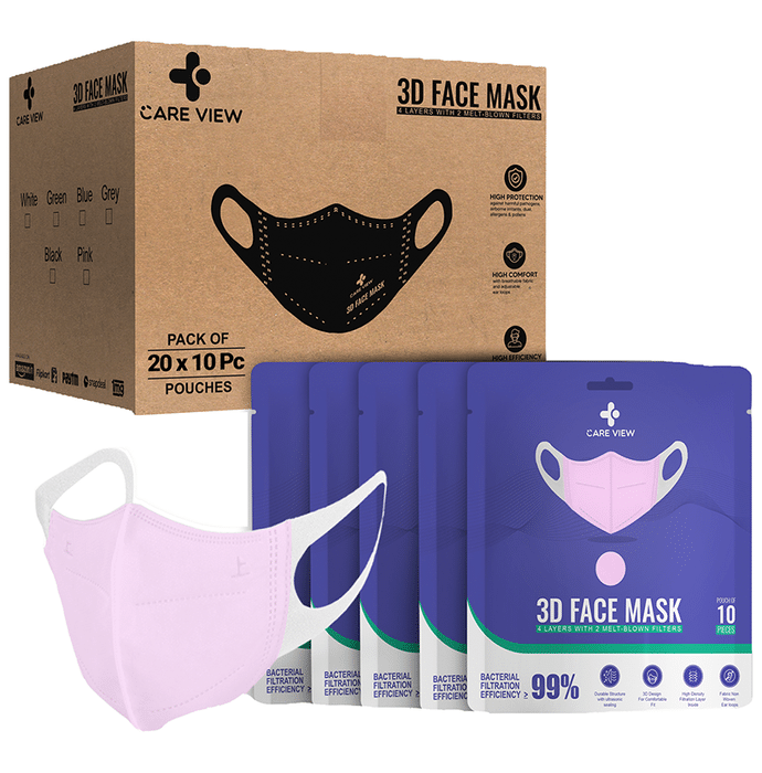 Care View 3 Dimensional Disposable Face Mask with 4 Layered Filtration and Soft Non-Woven Spandex Ear Loops Pink