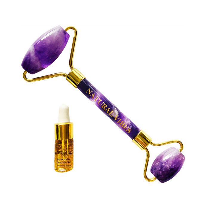Natural Vibes Amethyst Roller & Massager with Gold Beauty Ellixir Oil 3ml Free