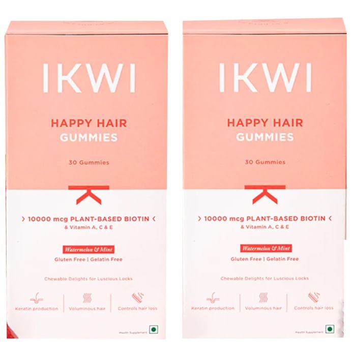 Ikwi Happy Hair 1000mcg Plant-Based Biotin & Vitamin A, C & E Gummies (30 Each) Watermelon & Mint