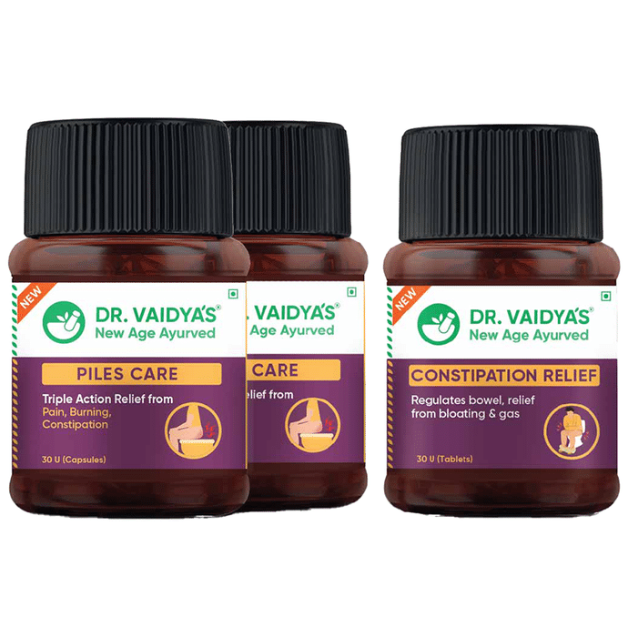 Dr. Vaidya's Combo Pack of 2 Bottle of Piles Care Capsule and 1 Bottle of Constipation Relief Tablet (30 Each)