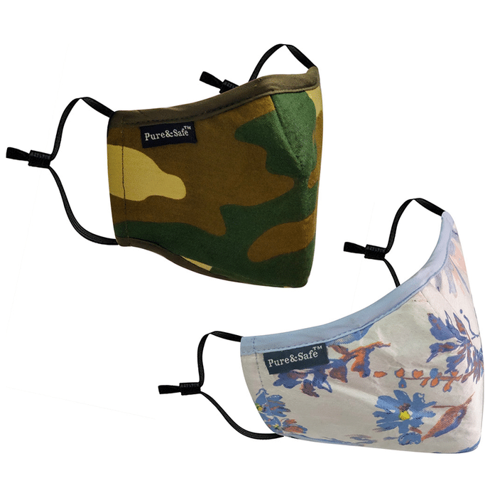 Pure & Safe White Floral Designer & Camouflage Designer Designer N 95 Face Mask - 5 Layered Reusable Anti Pollution Mask with Activated Carbon Filter