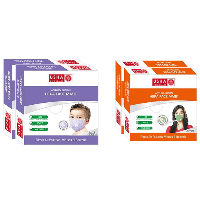 Usha Shriram Combo of N95 Anti Pollution HEPA Face Mask for Adults and Kids (2+2)