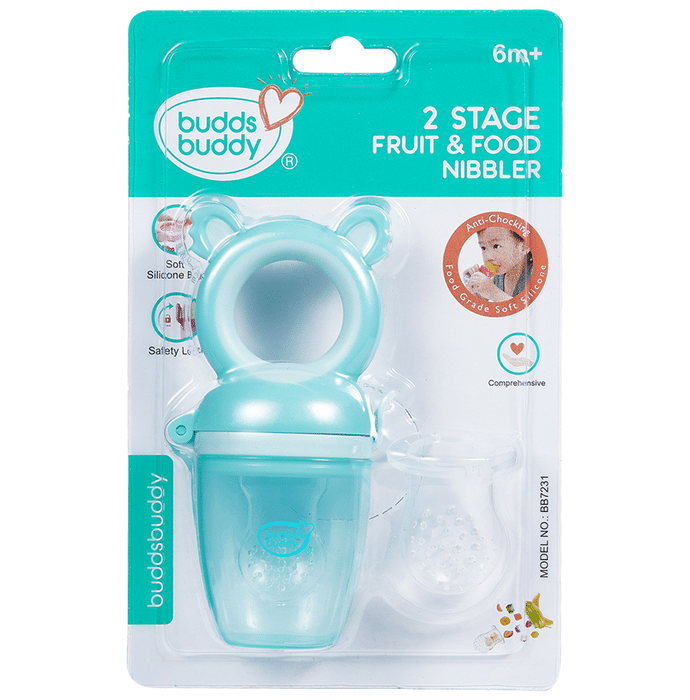 Buddsbuddy BPA Free 2 Stage Baby Fruit & Food Nibbler With Extra Teat Pacifier/Teether for Infant Baby Blue
