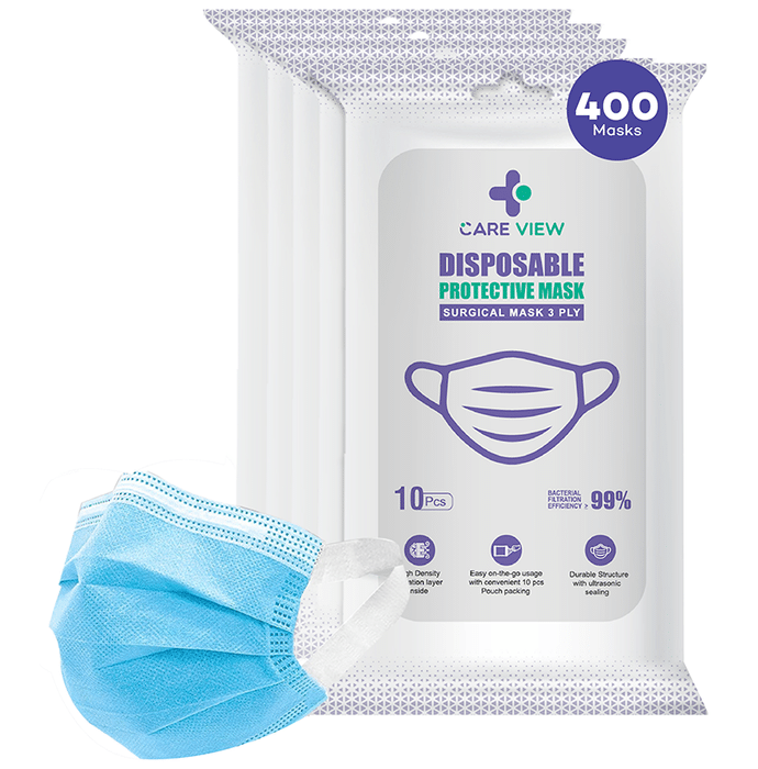Care View 3 Ply Surgical Disposable Protective Mask with Soft Fabric Earloop (10 Each) Blue