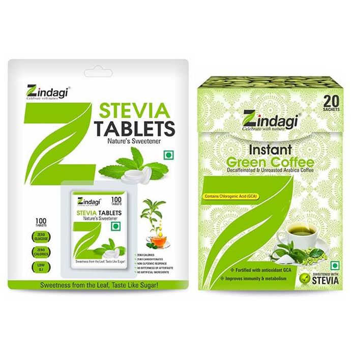 Zindagi Combo Pack of Stevia Tablets 100 and Instant Green Coffee Sachets 20