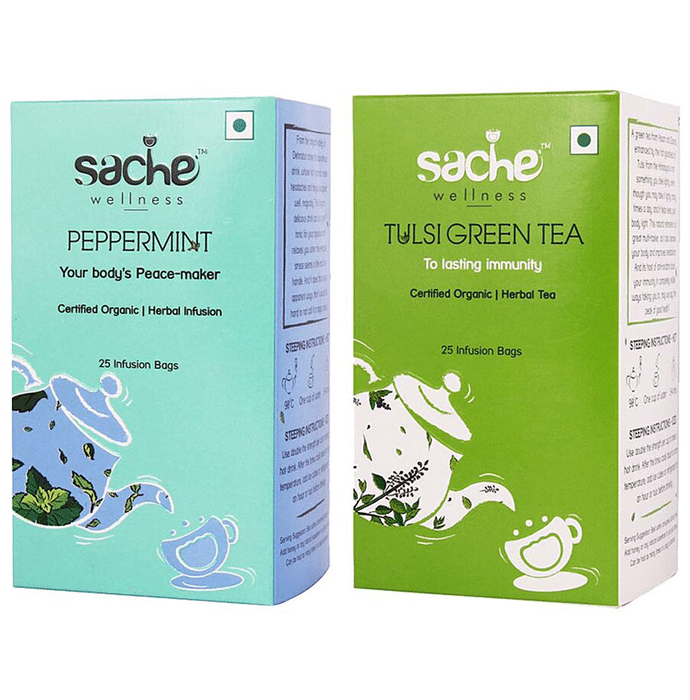 Sache Wellness Combo Pack of Organic Peppermint 25 Infusion Bags & Tulsi Green Tea 25 Infusion Bags
