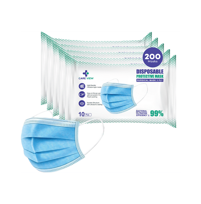 Care View 3 Ply Surgical Disposable Protective Mask (10 Each) Blue