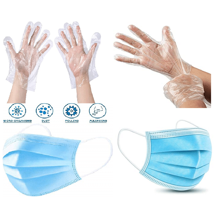Fine Morning Pharma Isolation or Quarantine Protection Kit (20 Disposable Free Size Gloves & 20, 3 Ply Surgical Disposable Safe Mask)