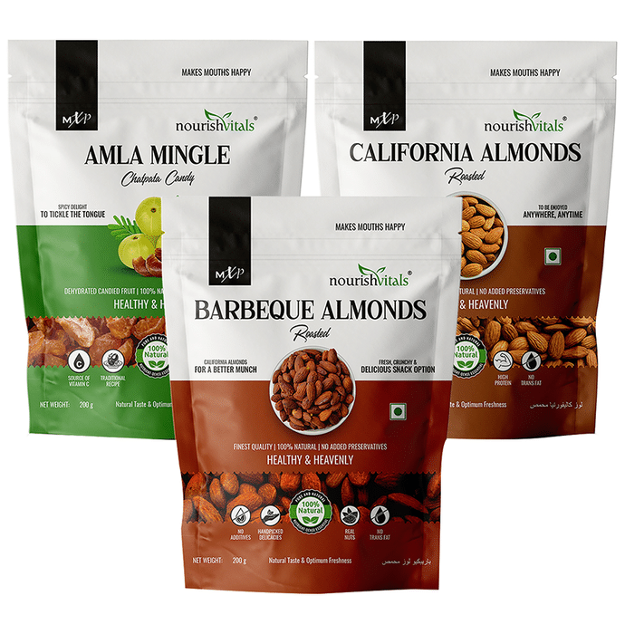 NourishVitals Combo Pack of Amla Mingle Chatpata Candy, Barbeque Almonds Roasted and California Almonds Roasted (200gm Each)
