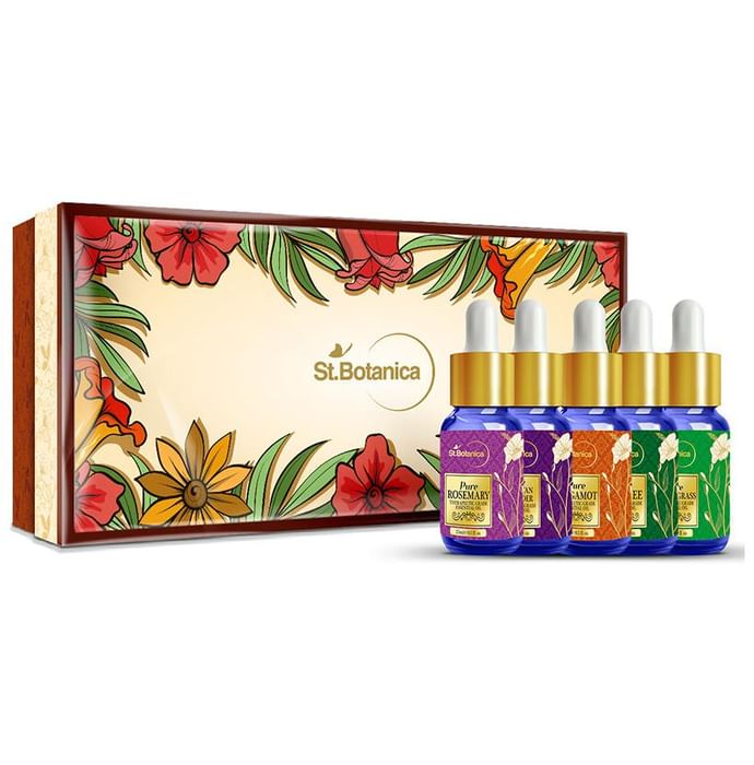 St.Botanica Essential Oils Kit (15ml Each) Pure Rosemary + Himalayan Lavender + Bergamot + Tea Tree + Lemongrass
