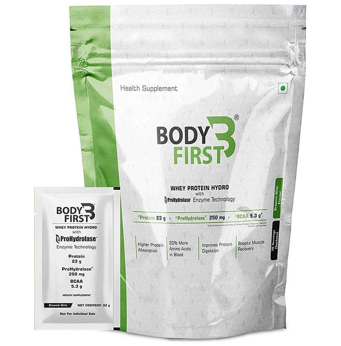 Body First Whey Protein Hydro with Prohydrolase Enzyme Technology Sachet (32gm Each) Brownie Mint