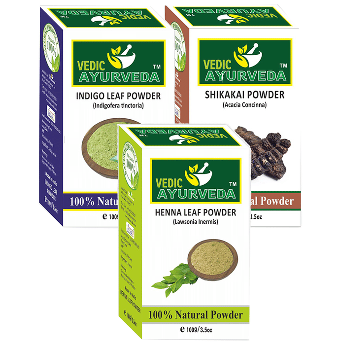 Vedic Ayurveda Combo Pack of Indigo Leaf Powder, Shikakai Powder & Henna Leaf Powder (100gm Each)