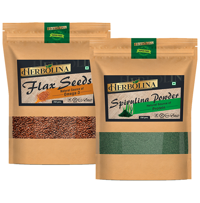 Herbolina Combo Pack of Flax Seeds & Spirulina Powder (250gm Each)
