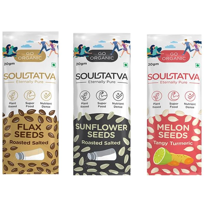 Soultatva Combo Pack of 4 Flax Seeds Roasted Salted, 4 Sunflower Seeds Roasted Salted & 4 Melon Seeds Tangy Turmeric (20gm Each)