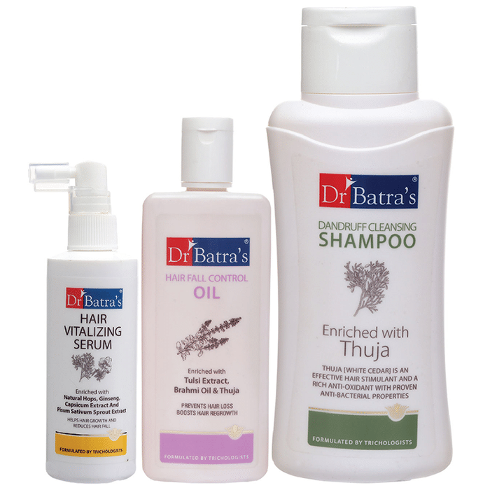 Dr Batra's Combo Pack of Hair Vitalizing Serum 125ml, Hair Fall Control Oil 200ml, Dandruff Cleansing Shampoo 500ml