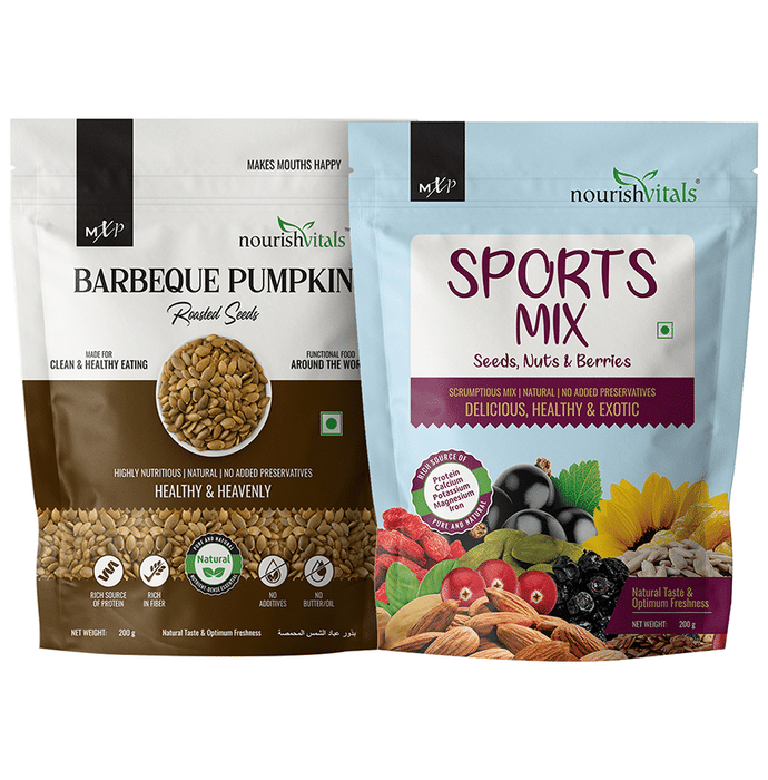 NourishVitals Combo Pack of Barbeque Pumpkin Roasted Seeds and Sports Mix Seeds, Nuts & Berries (200gm Each)