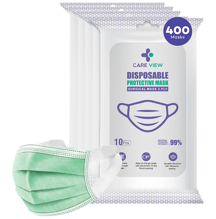 Care View 3 Ply Surgical Disposable Protective Mask with Soft Fabric Earloop (10 Each) Green
