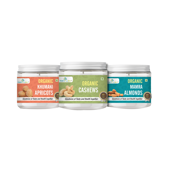 Renaush Combo Pack of Organic Khumani Apricots, Cashews & Mamra Almonds (250gm Each)